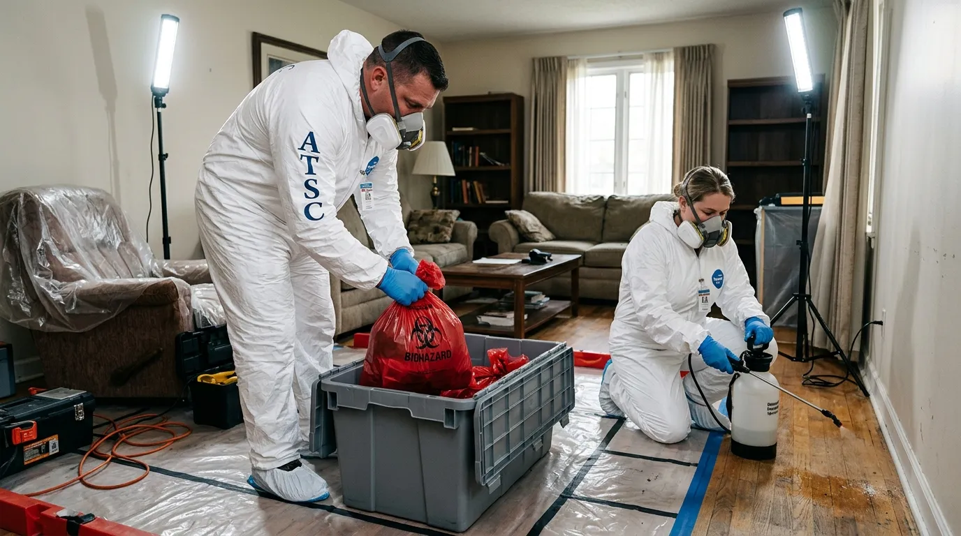 Professional Biohazard Cleanup technician in full PPE working in Jennings